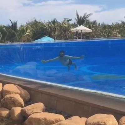 4 面透明パネルとアクリル素材の屋外地下ビルプール